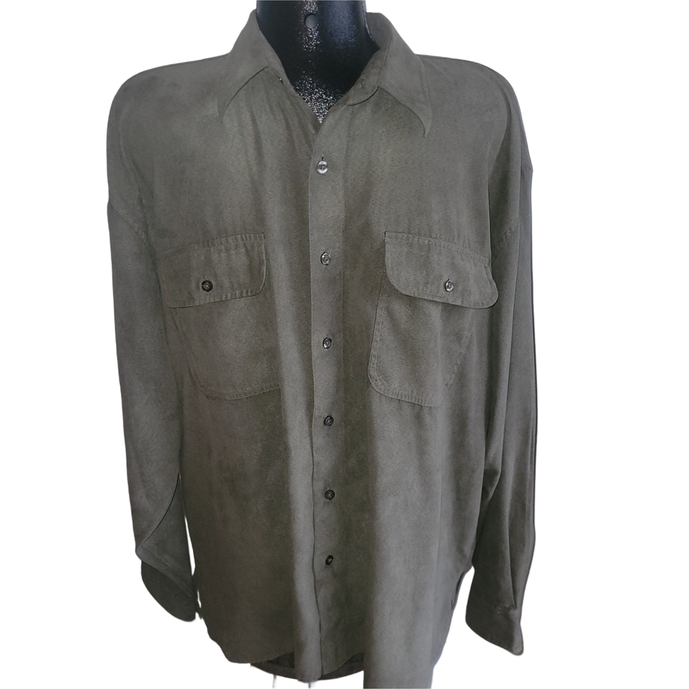 Oscar De La Renta Vintage 90's Olive Green Velour Button-Up Shirt Size L
